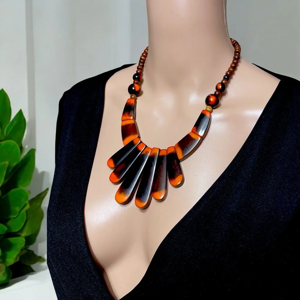 🧡 NEW ZAD Boho Orange & Brown Bib Necklace 🧡 - Picture 6 of 16